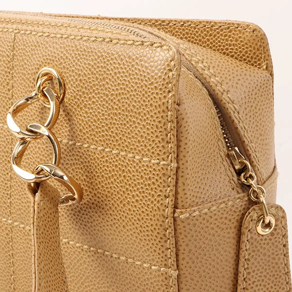 Chanel Around 2001 Made Caviar Skin Square Turn-Lock Chocolate Bar Shoulder Bag Beige