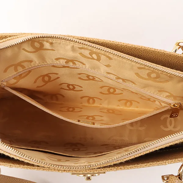 Chanel Around 2001 Made Caviar Skin Square Turn-Lock Chocolate Bar Shoulder Bag Beige