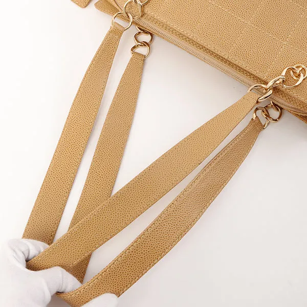 Chanel Around 2001 Made Caviar Skin Square Turn-Lock Chocolate Bar Shoulder Bag Beige