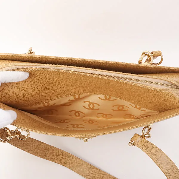 Chanel Around 2001 Made Caviar Skin Square Turn-Lock Chocolate Bar Shoulder Bag Beige