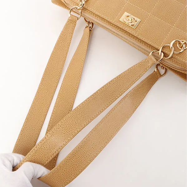 Chanel Around 2001 Made Caviar Skin Square Turn-Lock Chocolate Bar Shoulder Bag Beige