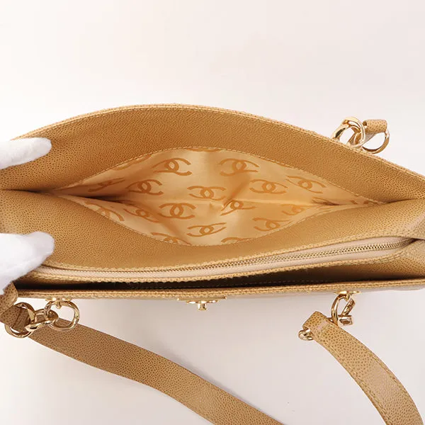Chanel Around 2001 Made Caviar Skin Square Turn-Lock Chocolate Bar Shoulder Bag Beige