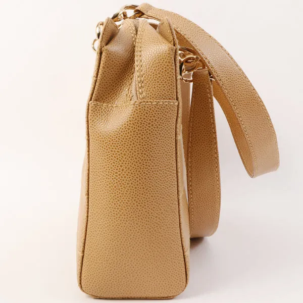 Chanel Around 2001 Made Caviar Skin Square Turn-Lock Chocolate Bar Shoulder Bag Beige