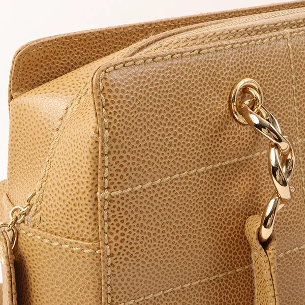 Chanel Around 2001 Made Caviar Skin Square Turn-Lock Chocolate Bar Shoulder Bag Beige