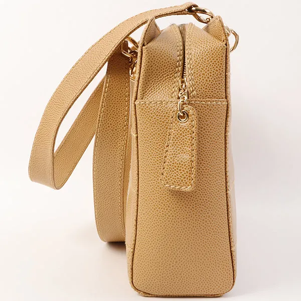 Chanel Around 2001 Made Caviar Skin Square Turn-Lock Chocolate Bar Shoulder Bag Beige