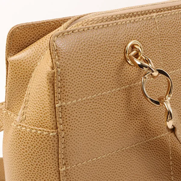 Chanel Around 2001 Made Caviar Skin Square Turn-Lock Chocolate Bar Shoulder Bag Beige