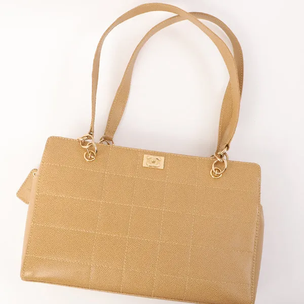 Chanel Around 2001 Made Caviar Skin Square Turn-Lock Chocolate Bar Shoulder Bag Beige