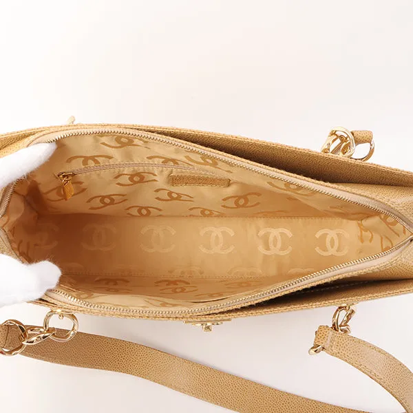 Chanel Around 2001 Made Caviar Skin Square Turn-Lock Chocolate Bar Shoulder Bag Beige