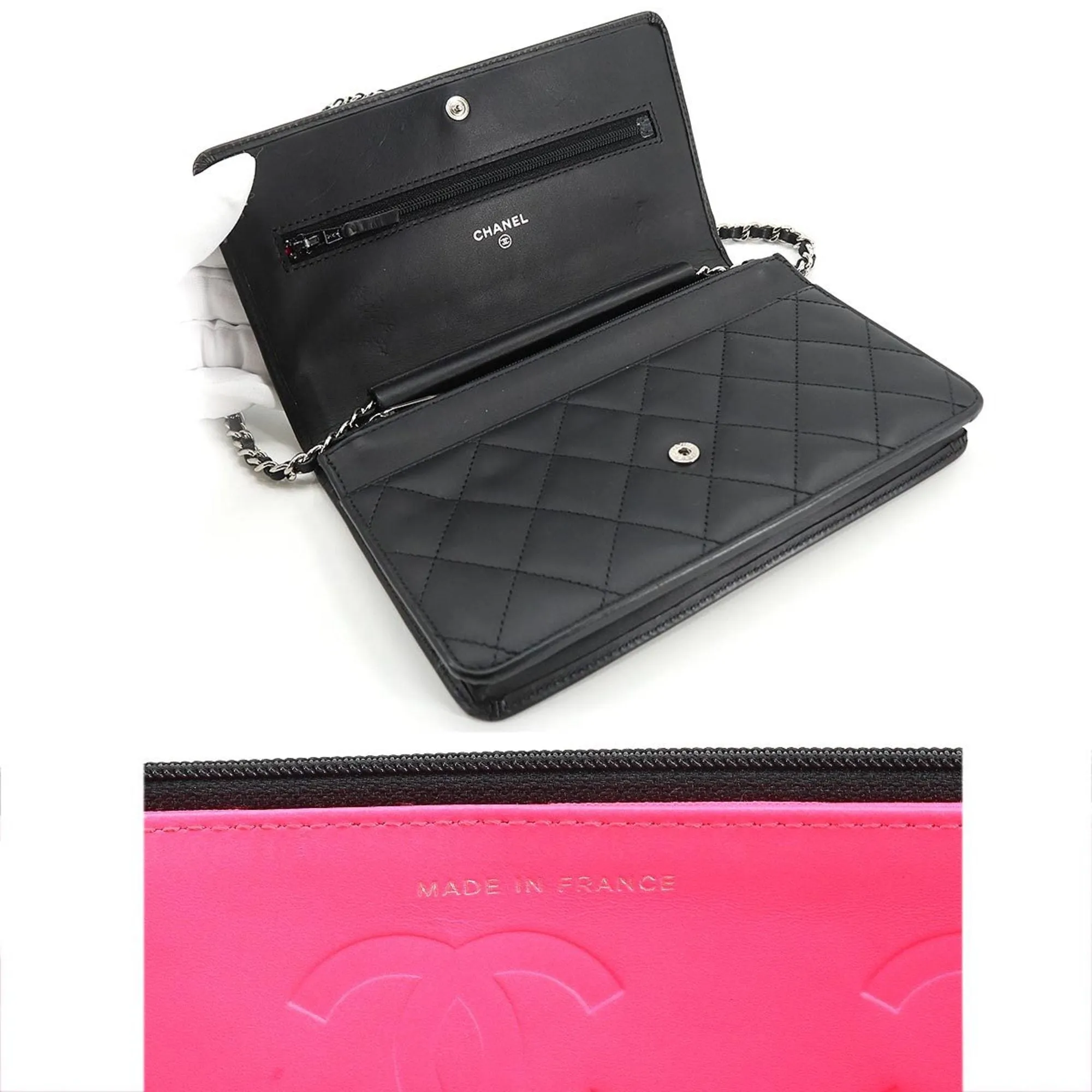 CHANEL cambon line chain wallet folio long leather enamel black silver metal fittings A46646 Cambon Line Chain Wallet