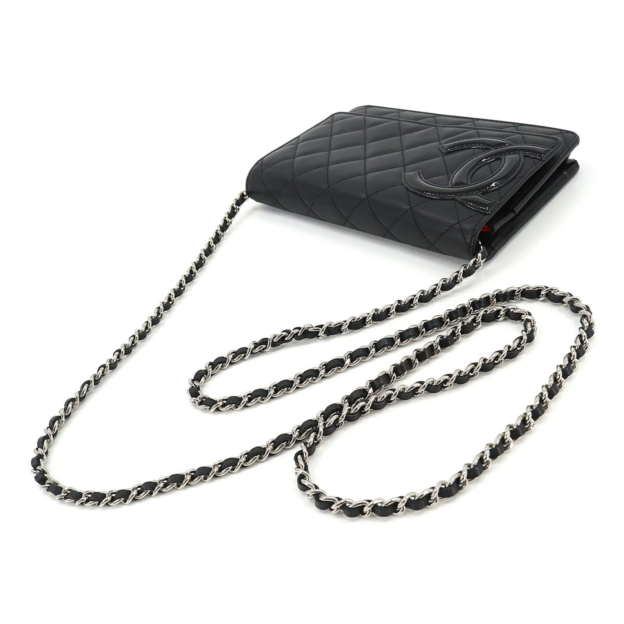 CHANEL cambon line chain wallet folio long leather enamel black silver metal fittings A46646 Cambon Line Chain Wallet