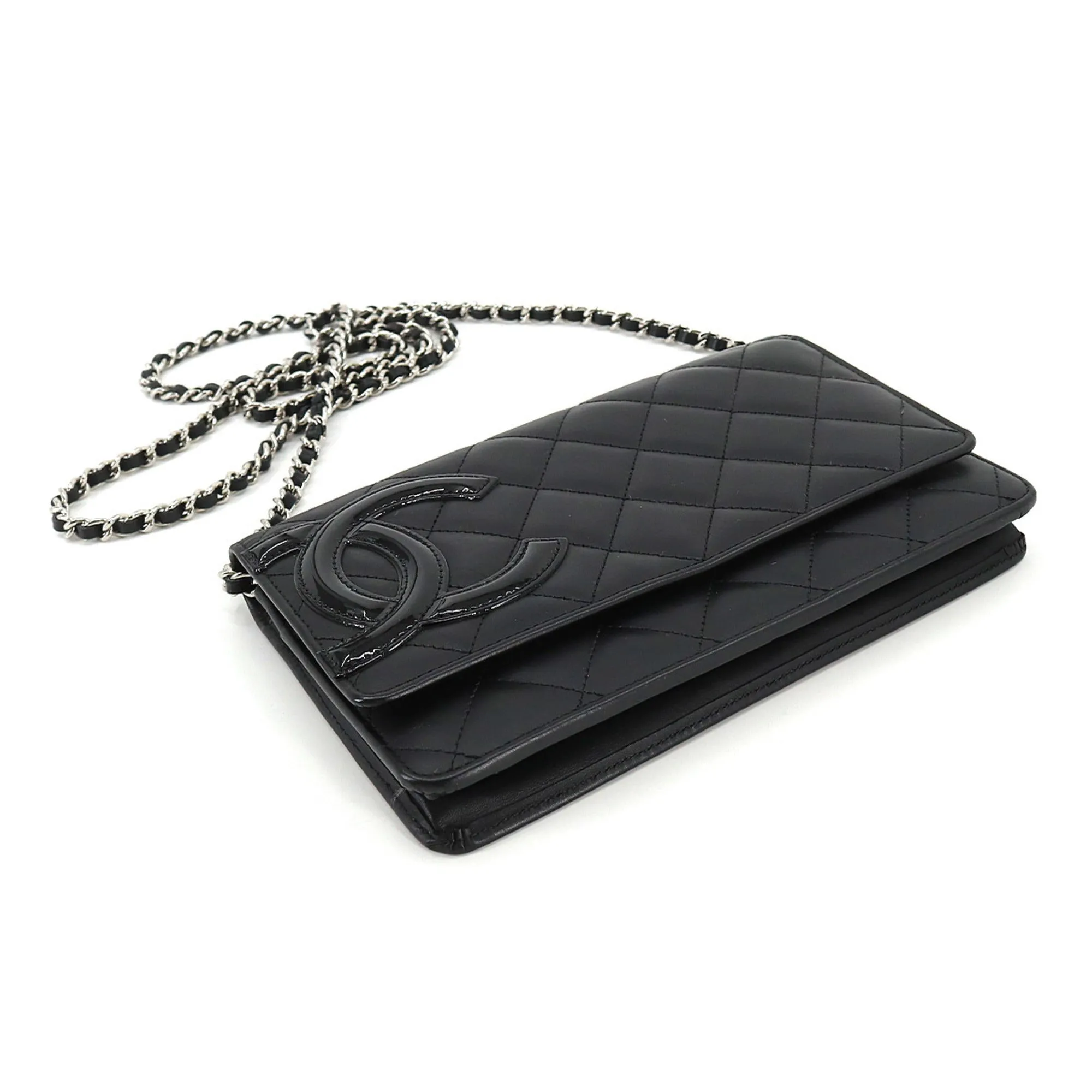 CHANEL cambon line chain wallet folio long leather enamel black silver metal fittings A46646 Cambon Line Chain Wallet