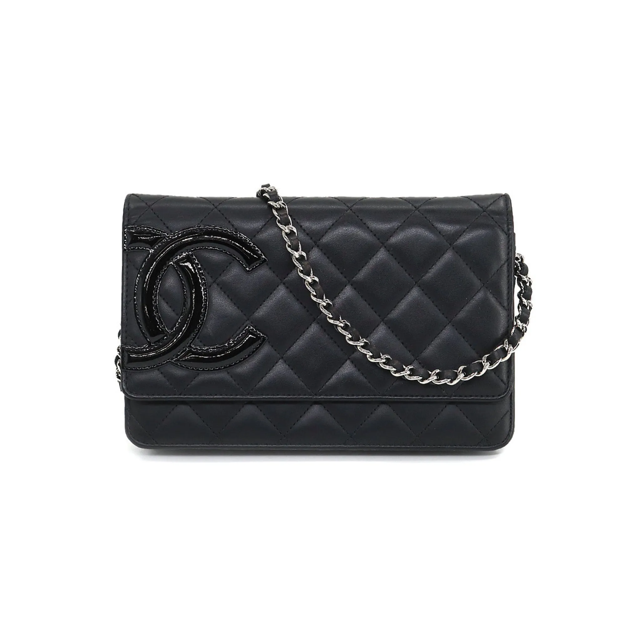 CHANEL cambon line chain wallet folio long leather enamel black silver metal fittings A46646 Cambon Line Chain Wallet