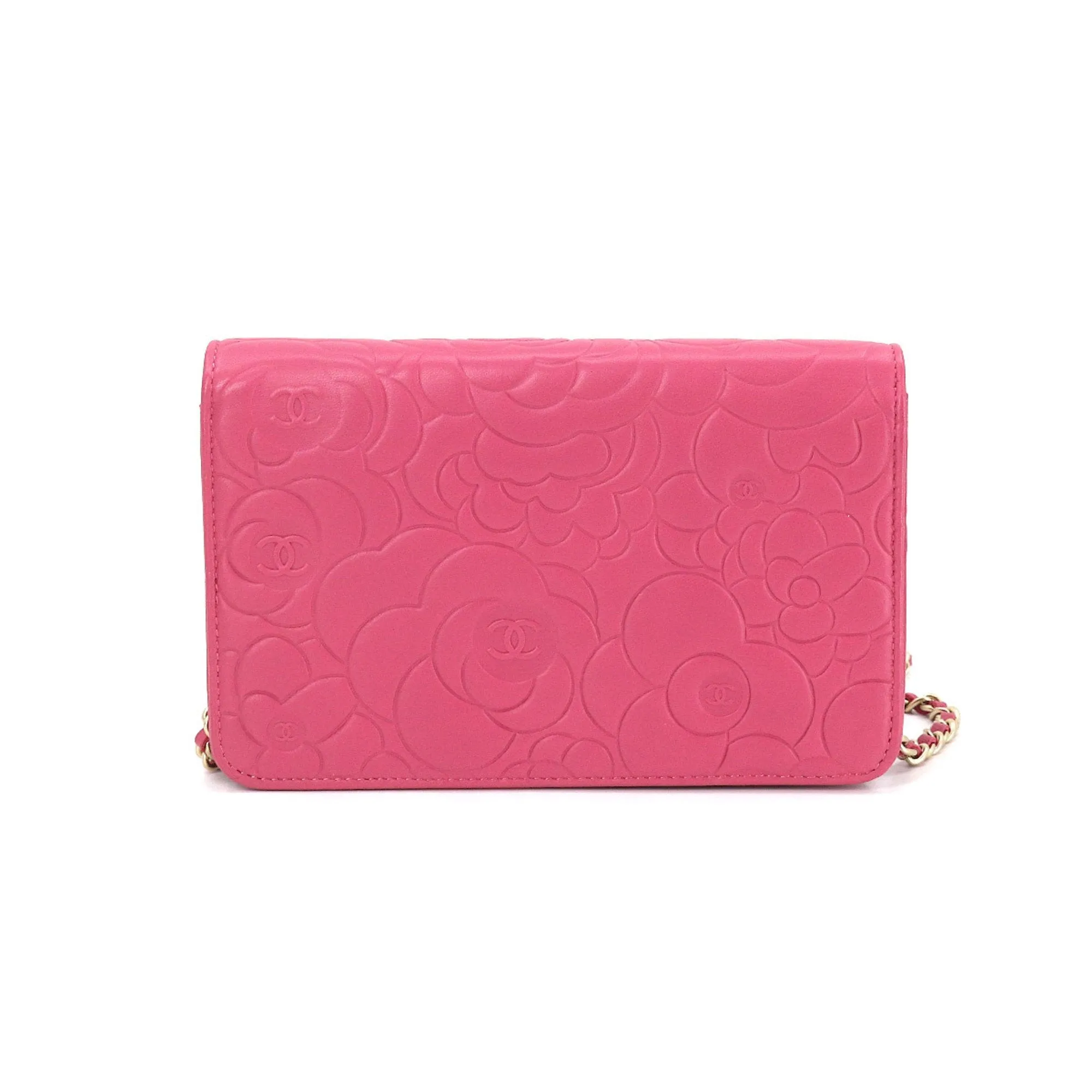 Chanel camellia chain wallet long leather pink gold metal fittings A82336 Camellia Wallet