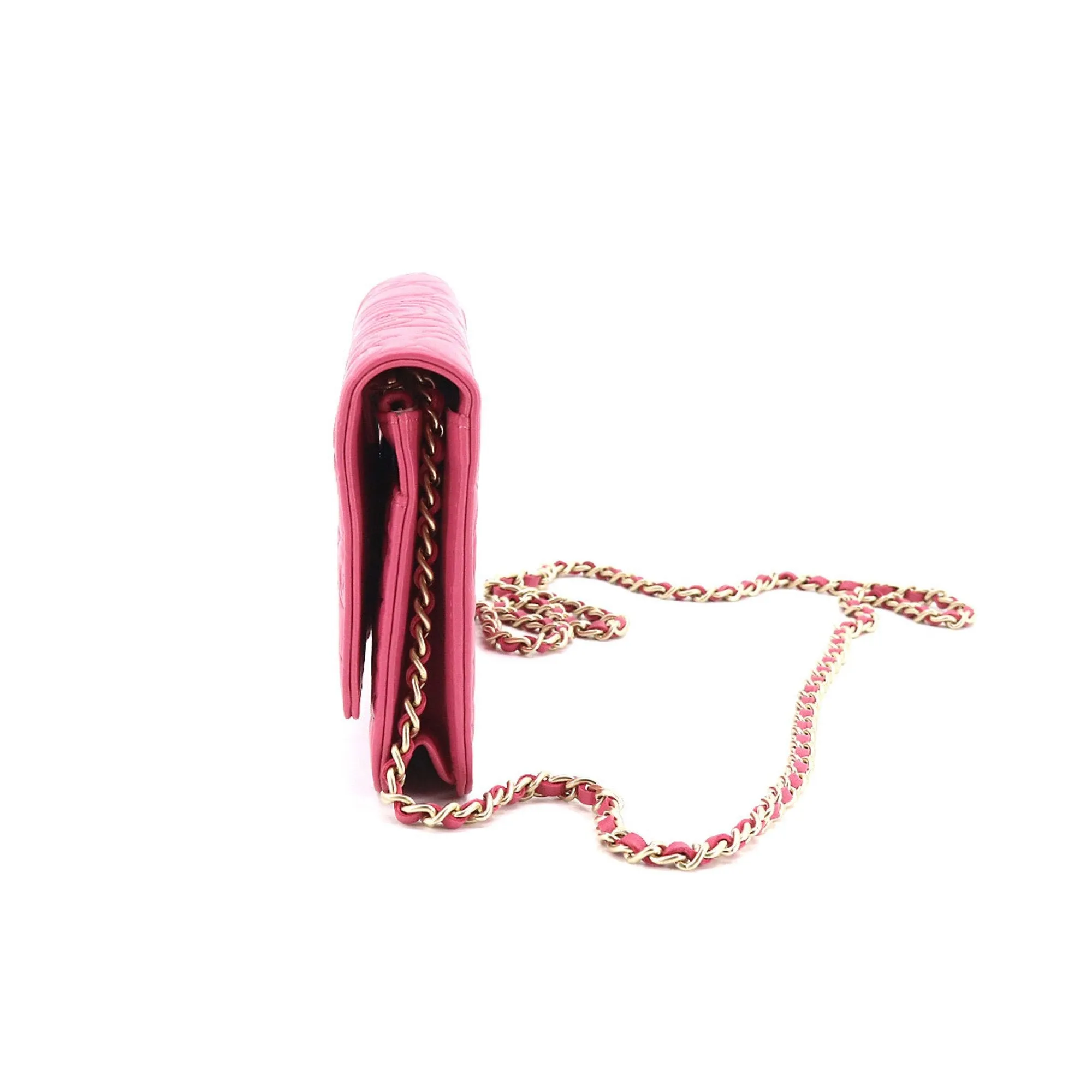 Chanel camellia chain wallet long leather pink gold metal fittings A82336 Camellia Wallet