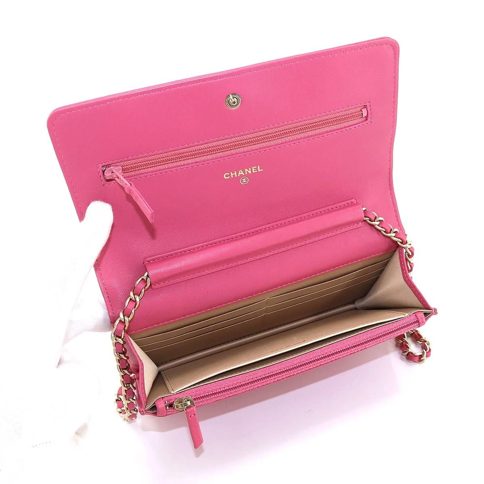 Chanel camellia chain wallet long leather pink gold metal fittings A82336 Camellia Wallet