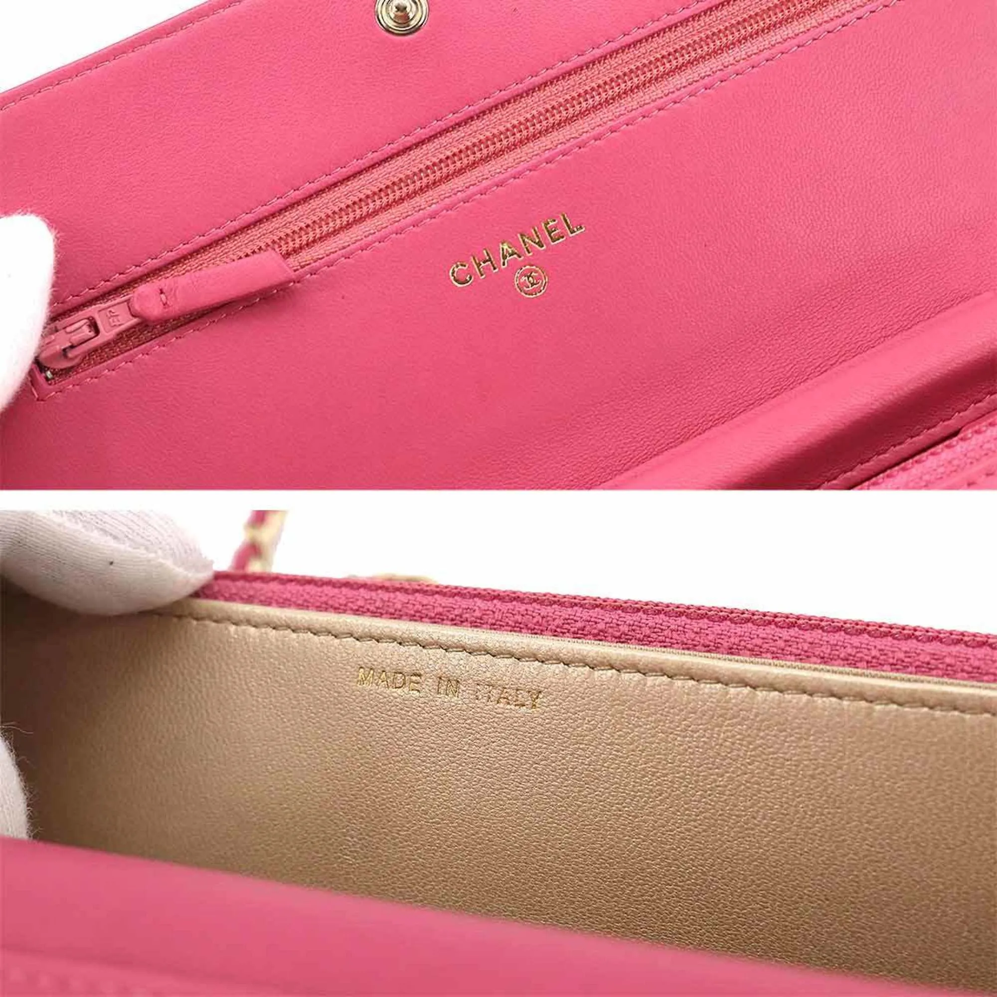 Chanel camellia chain wallet long leather pink gold metal fittings A82336 Camellia Wallet