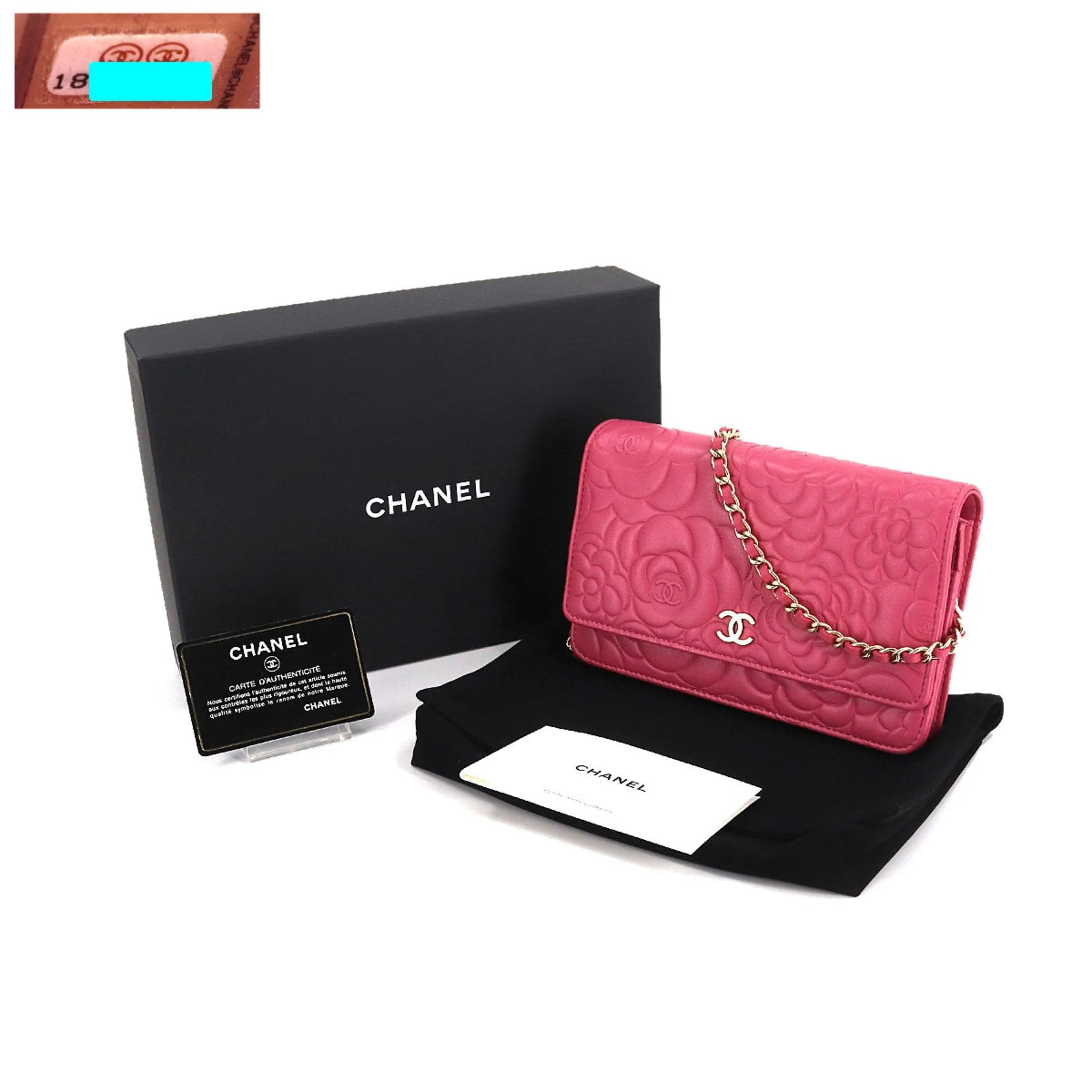 Chanel camellia chain wallet long leather pink gold metal fittings A82336 Camellia Wallet