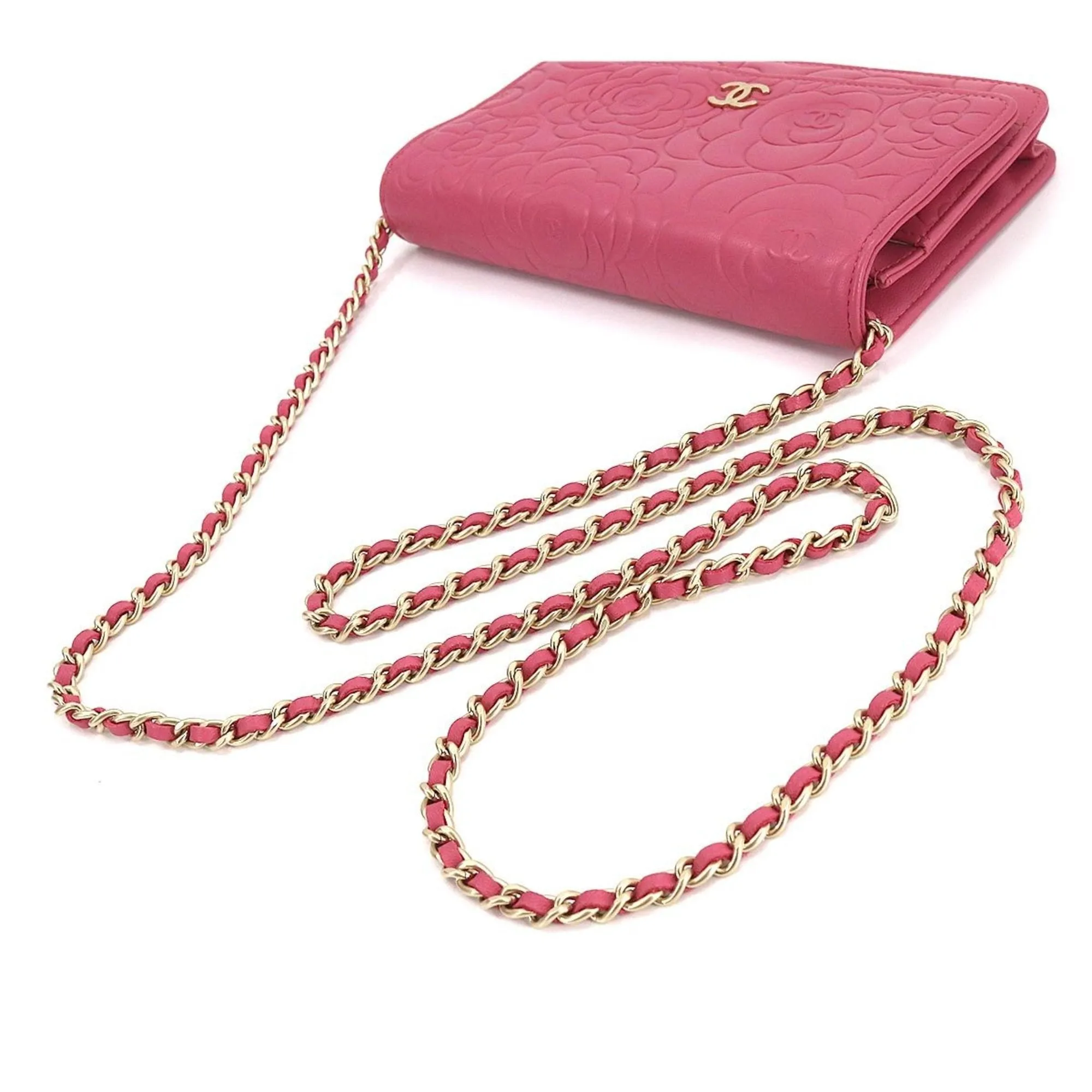 Chanel camellia chain wallet long leather pink gold metal fittings A82336 Camellia Wallet