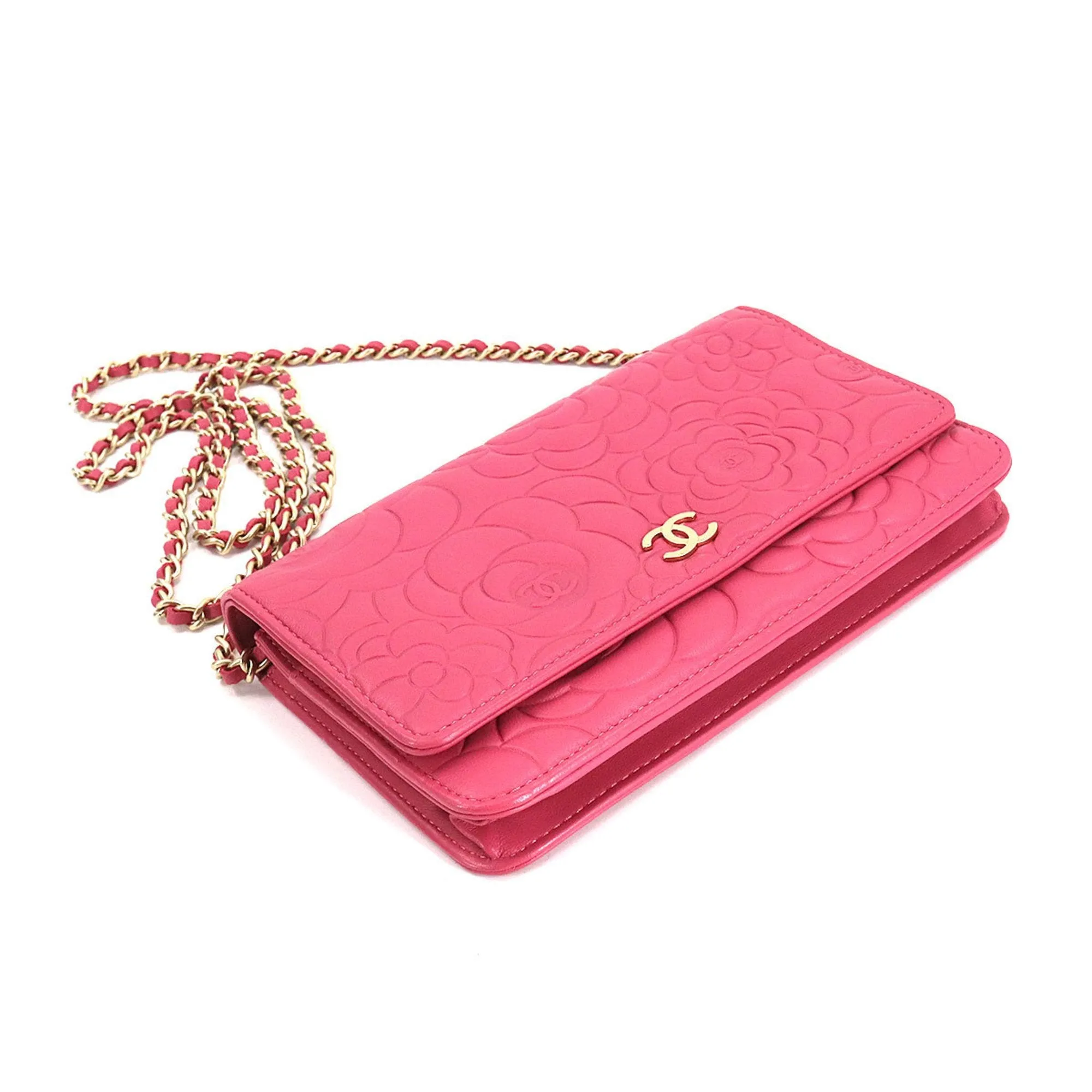 Chanel camellia chain wallet long leather pink gold metal fittings A82336 Camellia Wallet