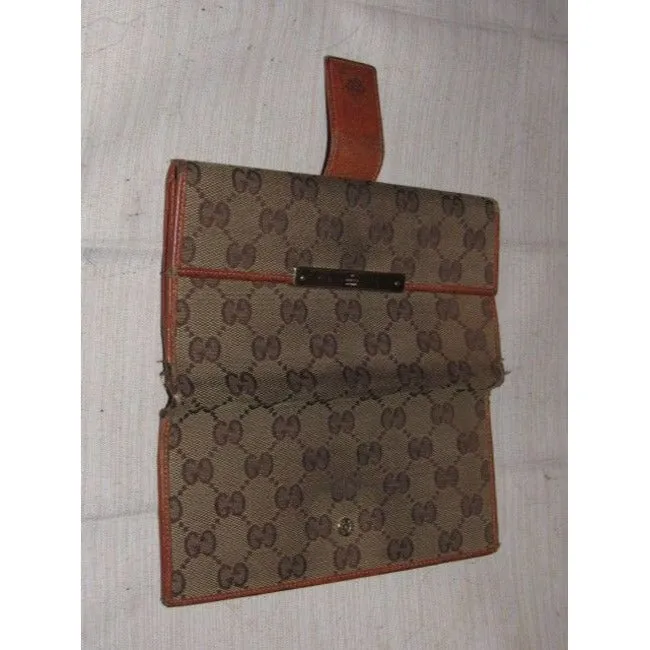 Gucci Brown Large G Logo Print Canvas And Orange Brown Leather Vintage Wallet