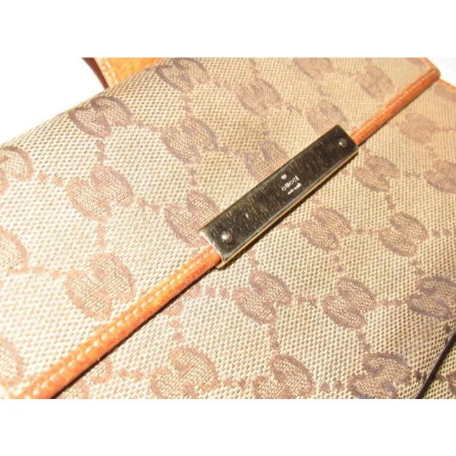 Gucci Brown Large G Logo Print Canvas And Orange Brown Leather Vintage Wallet