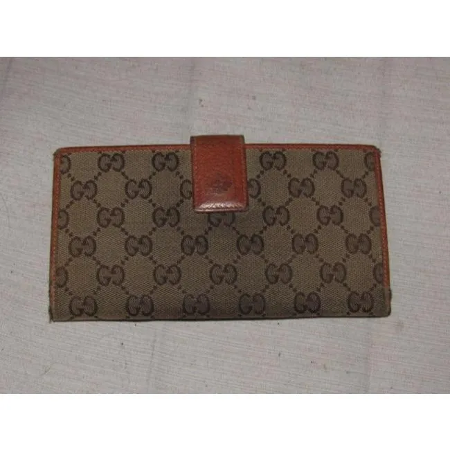 Gucci Brown Large G Logo Print Canvas And Orange Brown Leather Vintage Wallet