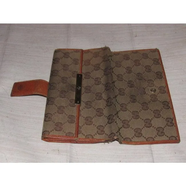 Gucci Brown Large G Logo Print Canvas And Orange Brown Leather Vintage Wallet