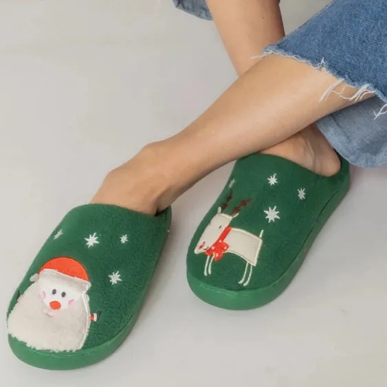 Ladies Green Plush Slippers with Santa & Reindeer - Size Small