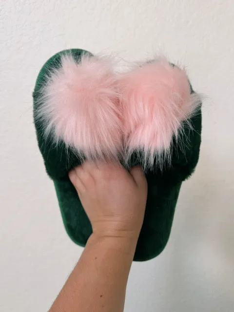 Plush Green & Pink Slippers