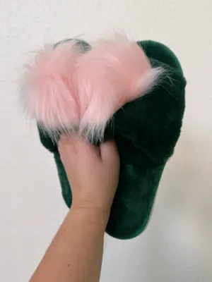 Plush Green & Pink Slippers