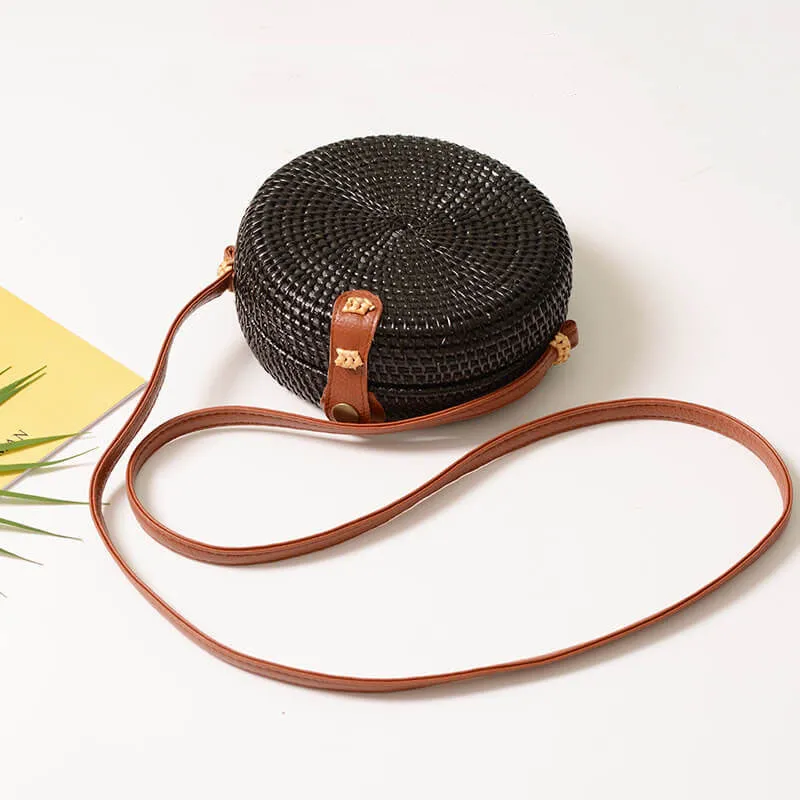 Vegan Black Rattan Straw Crossbody Bag Purse-Showtown