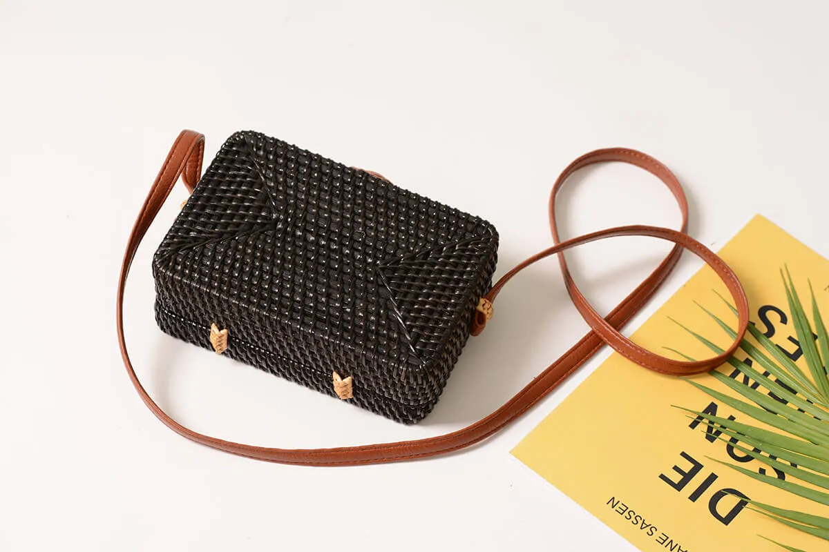 Vegan Black Rattan Straw Crossbody Bag Purse-Showtown