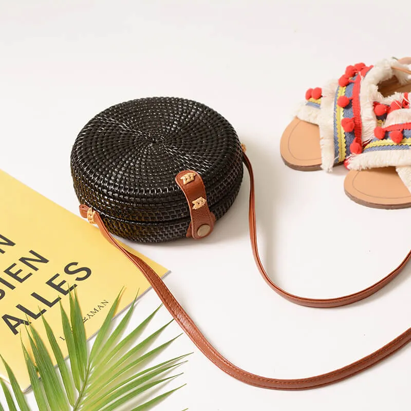 Vegan Black Rattan Straw Crossbody Bag Purse-Showtown