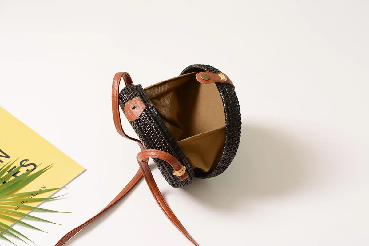 Vegan Black Rattan Straw Crossbody Bag Purse-Showtown