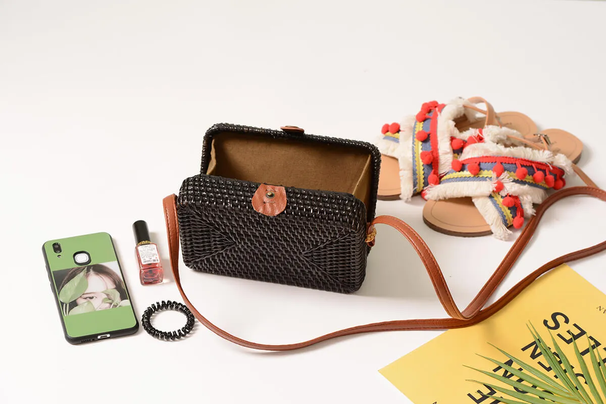 Vegan Black Rattan Straw Crossbody Bag Purse-Showtown