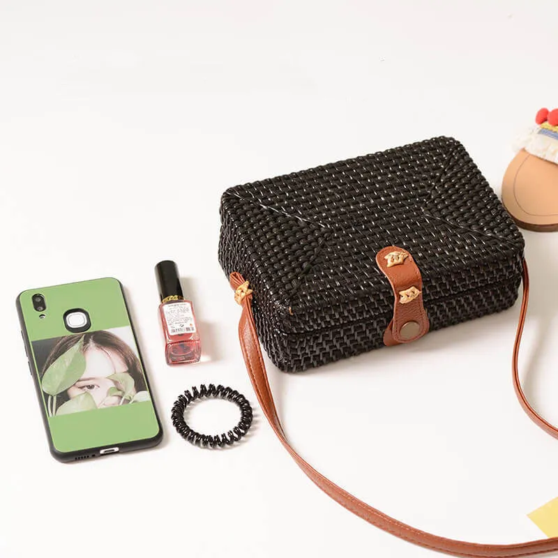 Vegan Black Rattan Straw Crossbody Bag Purse-Showtown