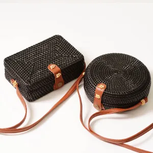 Vegan Black Rattan Straw Crossbody Bag Purse-Showtown