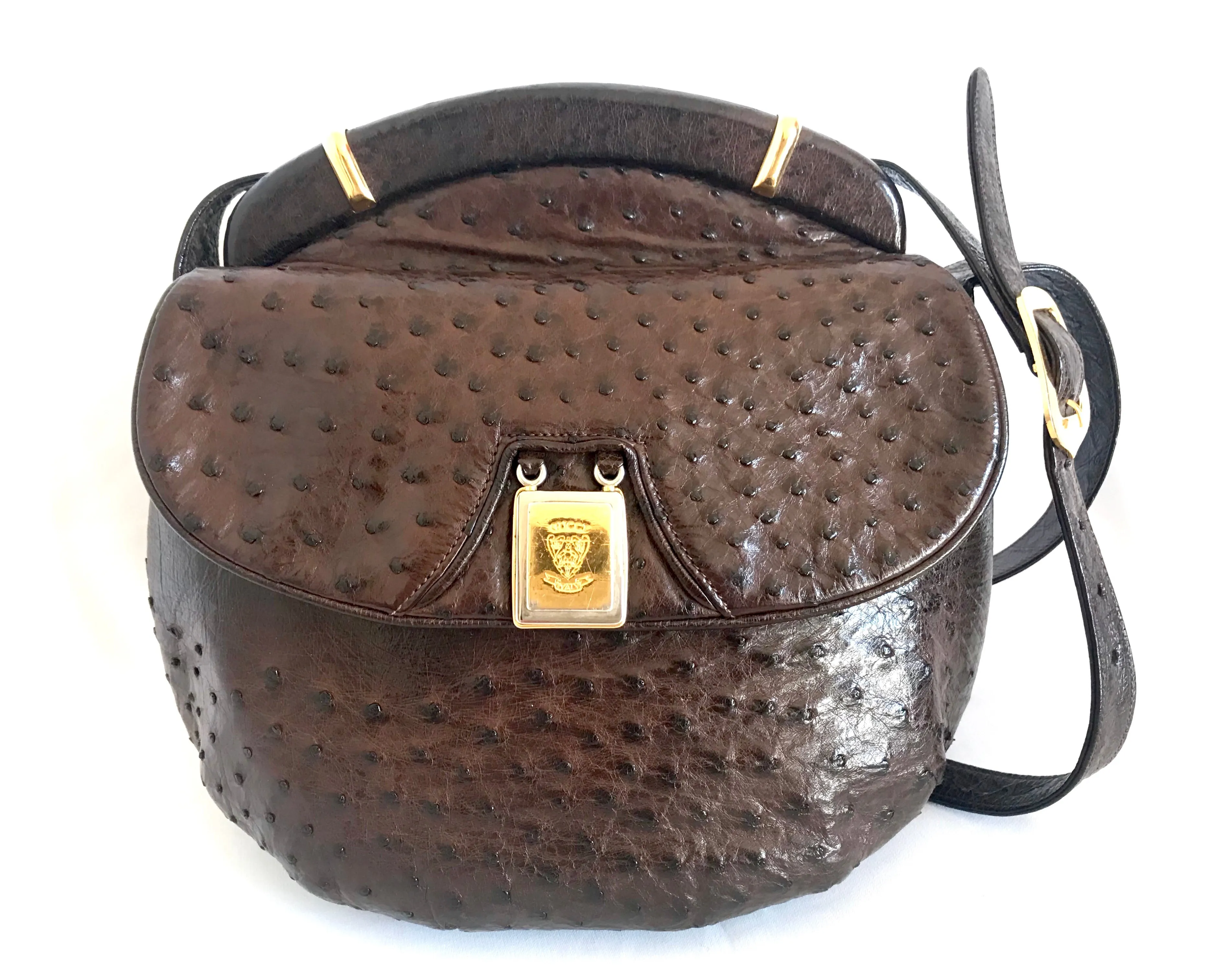 Vintage GUCCI dark brown genuine ostrich leather fisherman bag style shoulder bag with logo embossed motif. Rare masterpiece.