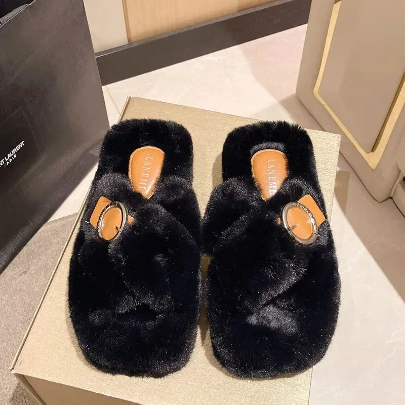 Women's Fashion Criss Cross Fur Slippers