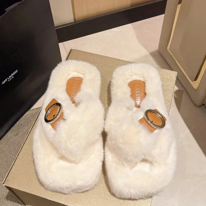 Women's Fashion Criss Cross Fur Slippers