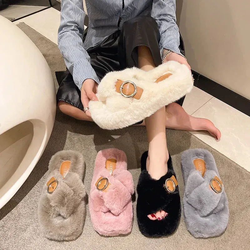 Women's Fashion Criss Cross Fur Slippers
