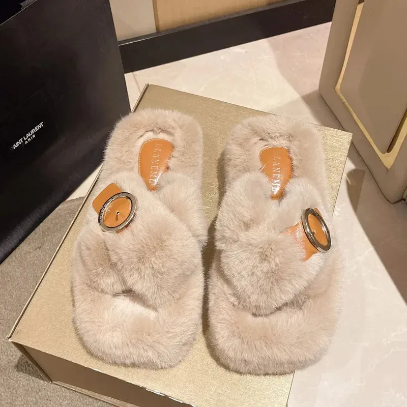 Women's Fashion Criss Cross Fur Slippers