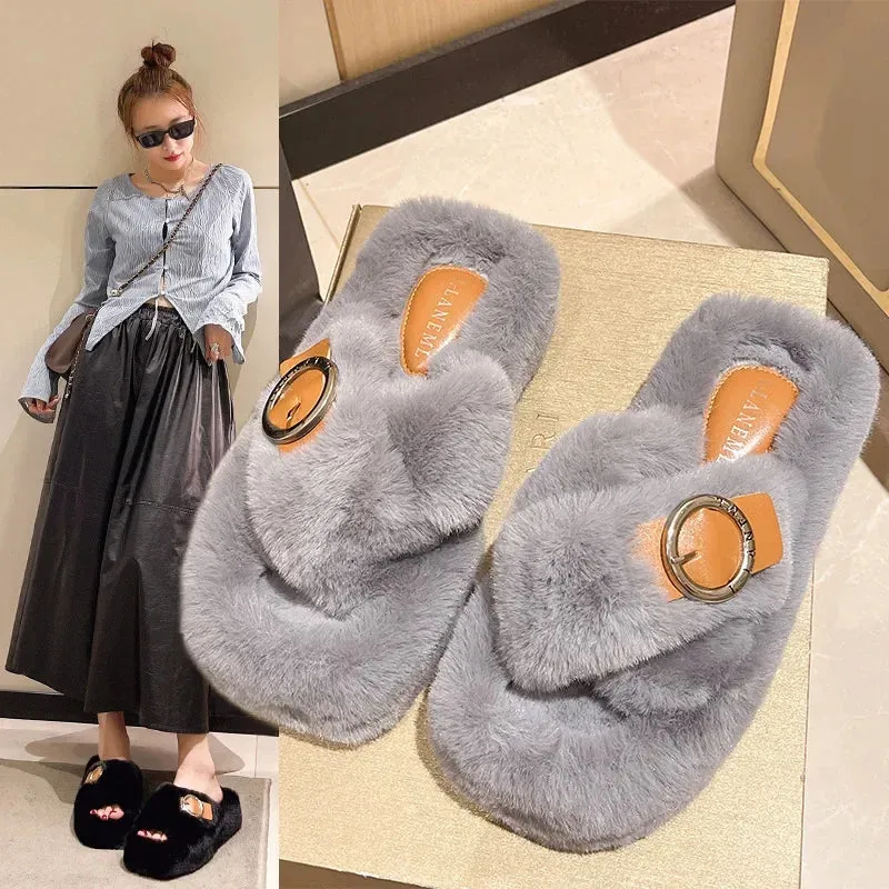 Women's Fashion Criss Cross Fur Slippers